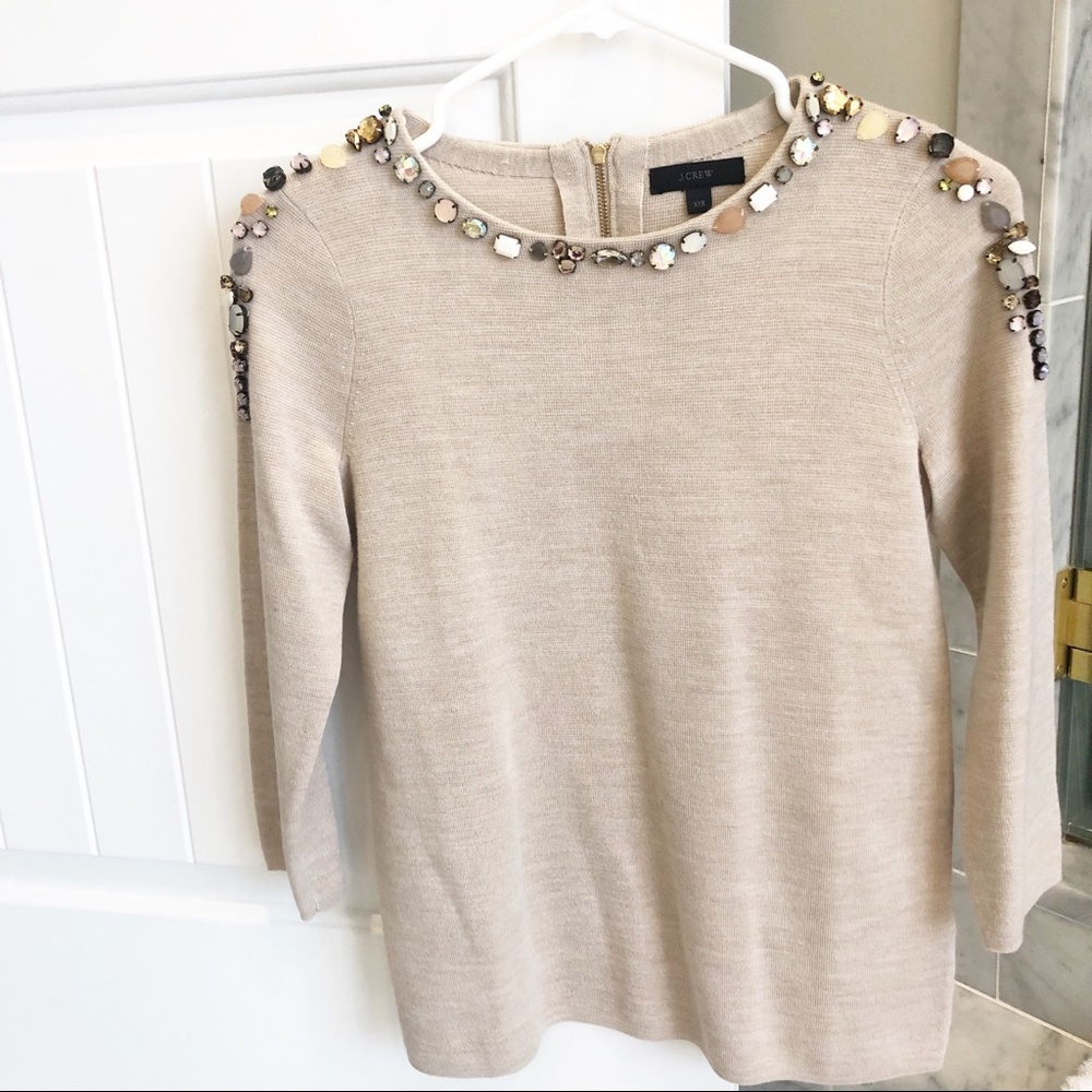 J Crew Top XXSmall XXS Jeweled Neck Tan Beige